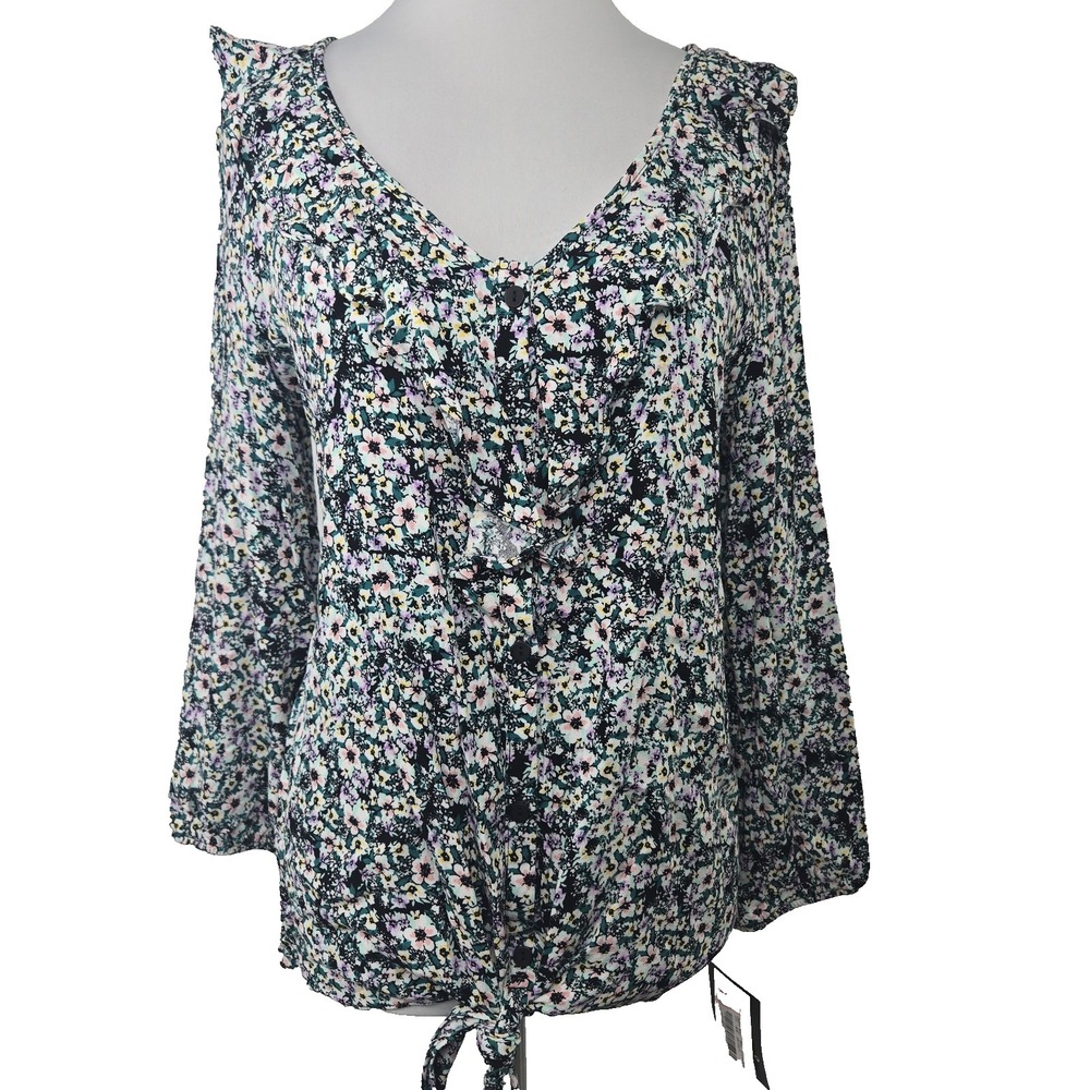 I.N. Studio Medium M Floral V-neck Long Sleeve Button-Tie-Front Blouse Top NWT